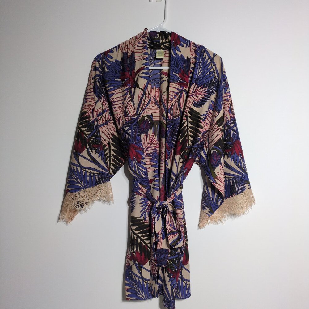 Japna Lounge Kimono Cardigan Womens Medium Tropical Leaves Lace 3/4 Sleeve